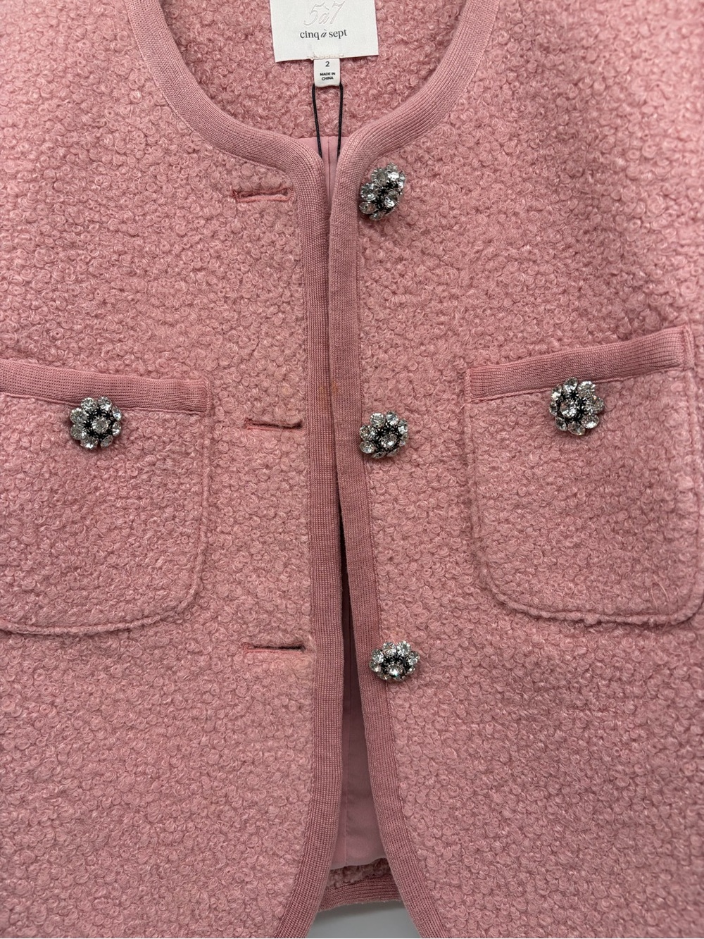 NWT Cinq a Sept Junia Teddy Boucle Jacket Quartz Pink Rhinestone Buttons Small